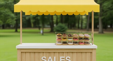 A donut stand with yellow awning and display case full of donuts in a grassy outdoor setting