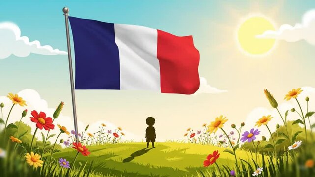 Silhouette of child facing giant French flag waving atop sunny hill