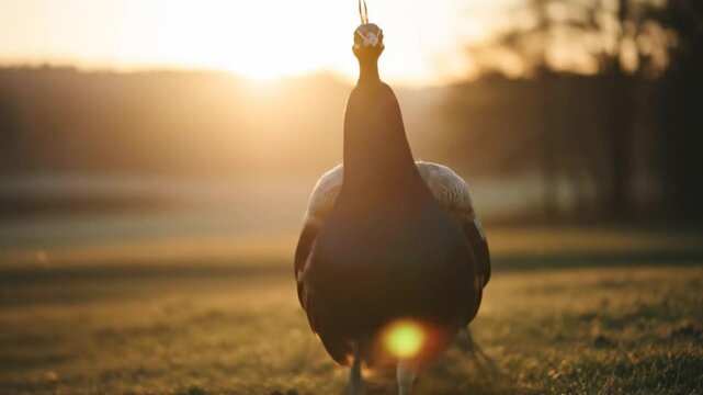 A serene peacock strutting through golden sunlight in a tranquil natural setting