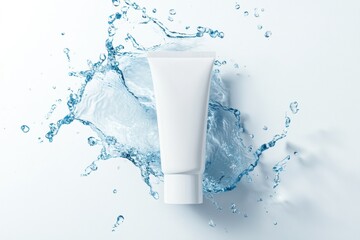 White blank plastic cosmetic tube in light blue water dynamic splashes isolated on white transparent backdrop. Teal package mockup. Hand cream, body lotion, face cleanser. Moisturizing beauty product