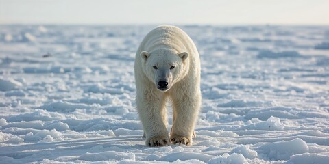 A polar bear walks on the ice in the arctic looking directly at the camera in the bright sunlight