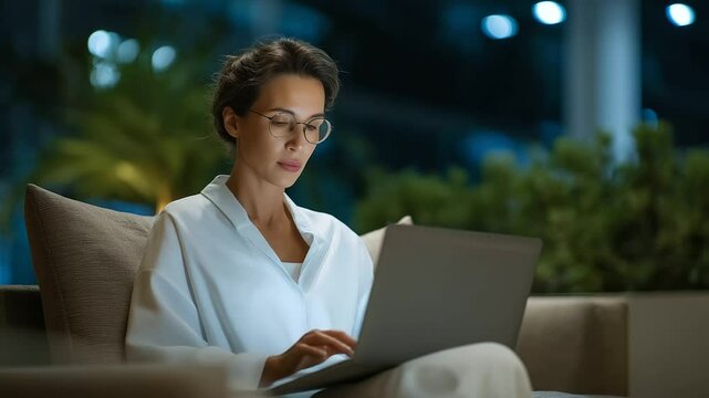Professional Woman Debugging Software in Modern Office Setting