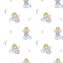 Delicate watercolor pattern featuring angels, stars, and moons on a seamless background