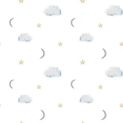 Whimsical watercolor pattern featuring clouds, moons, and stars on a light background