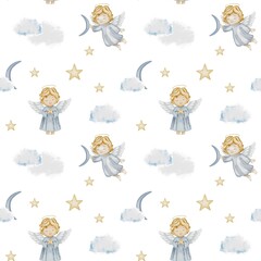 Whimsical watercolor pattern featuring angels, moons, stars, and clouds for textile design