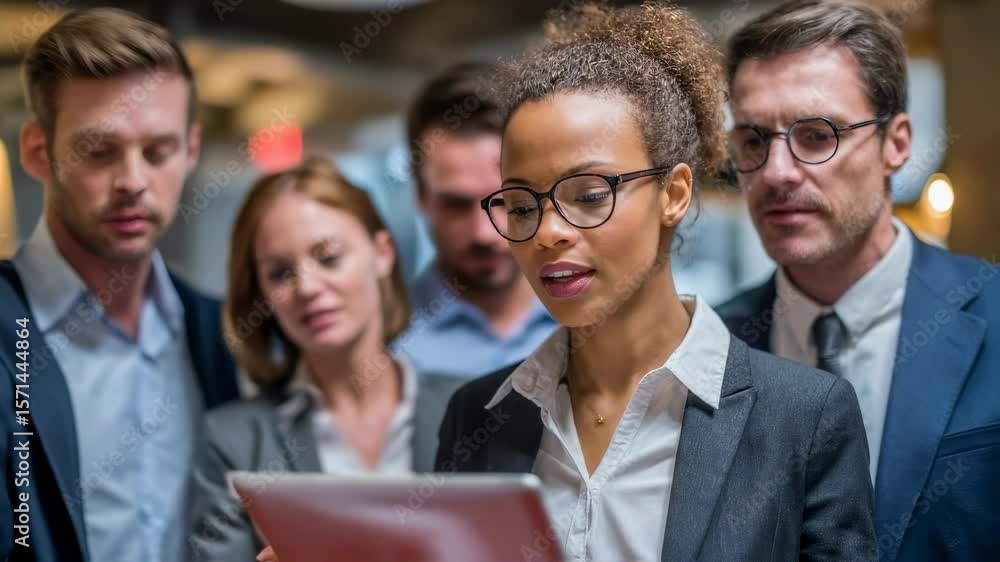 Poster a diverse team of business professionals scrutinizing financial reports on a digital device conveyin