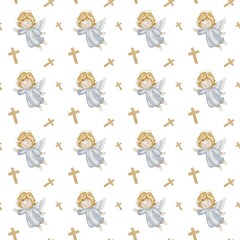 Delicate watercolor pattern featuring cherubs and crosses for elegant textile applications