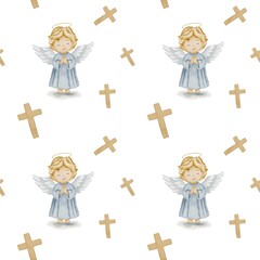 Whimsical watercolor angel and cross pattern suitable for fabric and wrapping design projects