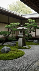 Tranquil japanese zen garden with stone lantern moss and raked gravel