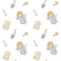Decorative watercolor pattern featuring angels, candles, and crosses for textile design