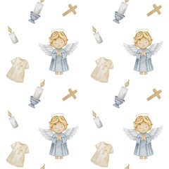 Delicate watercolor pattern featuring angels, candles, and crosses for textile and wrapping design