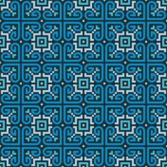 Geometric Seamless Repeat Ornament Pattern in Blue and Black Hues