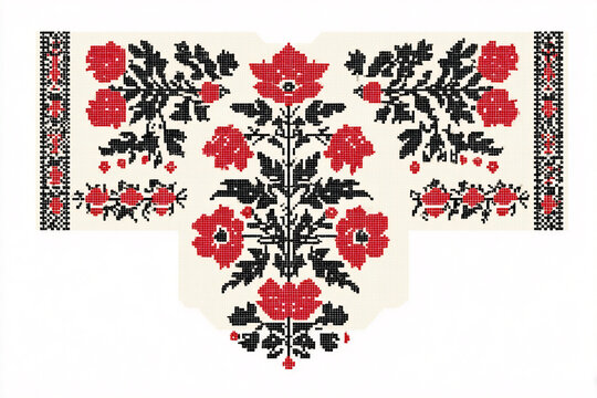 A minimalist vector illustration of a Romanian blouse embroidery with floral motifs