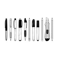 A collection of pens, pencils, and a cutter isolated on white background