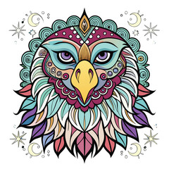 This captivating vector illustration showcases a cute cartoon owl character with a tribal skull tattoo design and vibrant flower wings, blending nature and art in a unique pattern