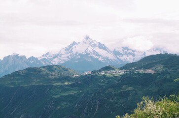 The iconic sharp peak of a famous alpine mountain like the Matterhorn.