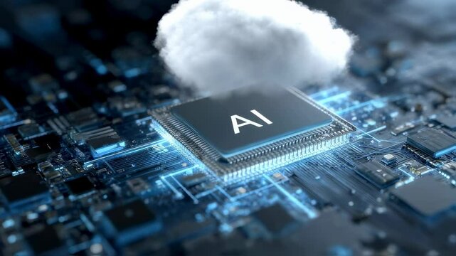 An abstract representation of an AI chip surrounded by a digital cloud emphasizing data flow and connectivity in smart technology. Great for conveying the evolution of cloud computing