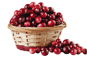 Fresh cranberries in a rustic woven basket.