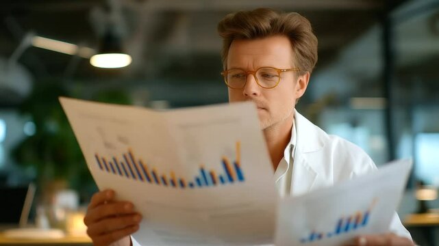 Scientist Reviewing Research Publication in Modern Office Setting