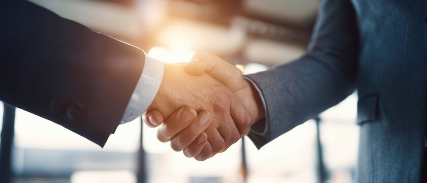 The handshake symbolizes trust and collaboration in a professional environment.