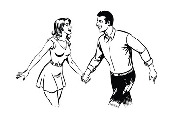 Romantic Couple in Retro Pop Art Style. Vintage 1960s Love Comic Book Vector Illustration