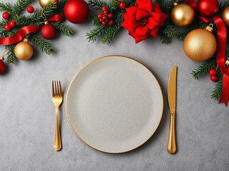 Empty plate, gold knife and fork on a gray  background. Christmas composition. Top view.