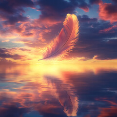 Symbolic feather drifting in glowing dusk sky mirrored on tranquil lake below