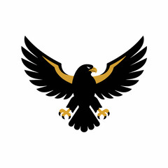 Fototapeta premium Image effects in sleek design depicting an eagle with spread wings on clean backdrop. Image effects offer golden accents, highlighting silhouette of majestic bird, conveying power.