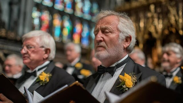Elegant choir performance in historic cathedral with colorful stained glass ambiance. St Davids Day