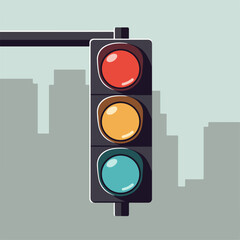 Simple traffic light illustration against city skyline for image effects. Traffic light shows red, yellow and green signals, controlling road safety,