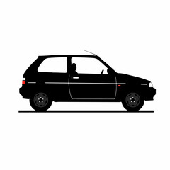 Obraz premium Small car illustration with minimalist black design showcases transportation design principles in a graphic style. Side view car with simple lines emphasizes its mobility and practicality.