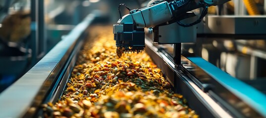 Robotic arm sorting harvested crops on automated conveyor 