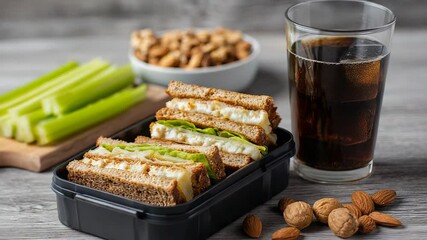 Fresh and wholesome lunch with sandwiches, nuts, and refreshing beverage. National Sandwich Month