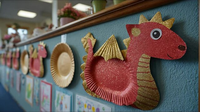 Whimsical red dragon decoration adorning a vibrant classroom wall in daylight. St Davids Day