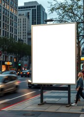 A blank canvas of urban marketing a stark white billboard against the backdrop of a busy city street where vehicles blur in the evening rush hour and pedestrians navigate the sidewalk  professional pr