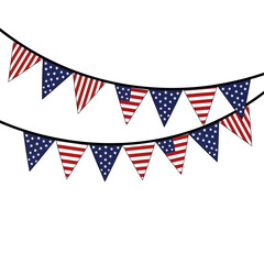 American flag bunting hanging isolated on white background
