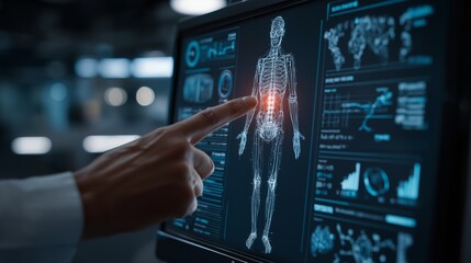 advanced digital medical illustration of doctor interacting with human body x-ray view