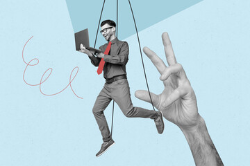 Sketch image trend artwork montage 3D photo collage of big size hand gesture catch young businessman hang rope thread work laptop puppet
