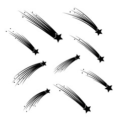 Several shooting stars with trails isolated on white background