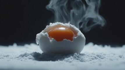 A cinematic close-up image of a solitary, flawlessly formed farm-to-table egg cracking open to reveal a rich, golden yolk, with steam softly rising, highlighting its freshness and quality Concept