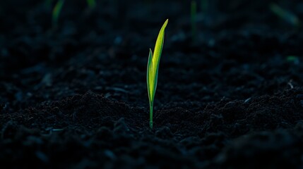 A fine art photograph capturing a single, vibrant green blade of grass emerging from rich, dark soil, lit by soft, natural light, representing the vitality and fertility brought by