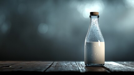 A photograph capturing a close-up shot of a solitary, refined glass bottle containing fresh, creamy milk produced by a micro dairy, adorned with a simple, handcrafted label, and displaying