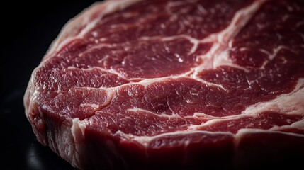 A fine art photograph capturing the detailed marbling and vibrant color of a specialty pork cut in its raw form, lit by gentle natural light to highlight its organic beauty and exceptional texture