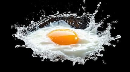 The freshness concept of a raw farm-to-table egg is emphasized through dramatic lighting in a studio shot, where the egg is suspended in air, revealing its vibrant yolk and clear albumen