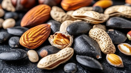 A meticulously captured close-up photograph of assorted edible wild nuts and seeds unearthed in urban landscapes Concept Healthy urban treasures