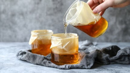 At home, a comprehensive guide with pictures illustrates how to brew kombucha using a SCOBY and fermented tea for healthy probiotic concept brewing