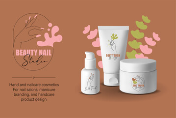 Hand and Nail Care Banner with Cream Jars and Line Art Logo for Branding with mockup Beauty product
