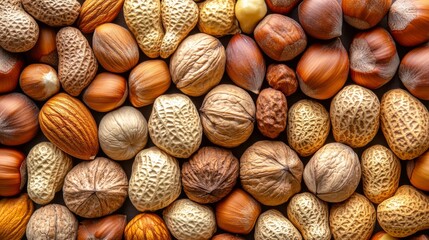 A highly detailed photographic representation of multiple edible wild nuts and seeds found in urban settings Concept Nutrient-rich city foraging