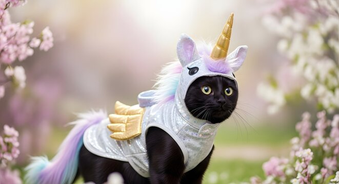 A black cat dressed as a unicorn in a white costume with a golden horn surrounded by flowers outside