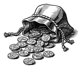 Antique Medieval Coin Bag Spilled Open with Numerous Gold Coins Black and White Outline Line Art Drawing Isolated Object